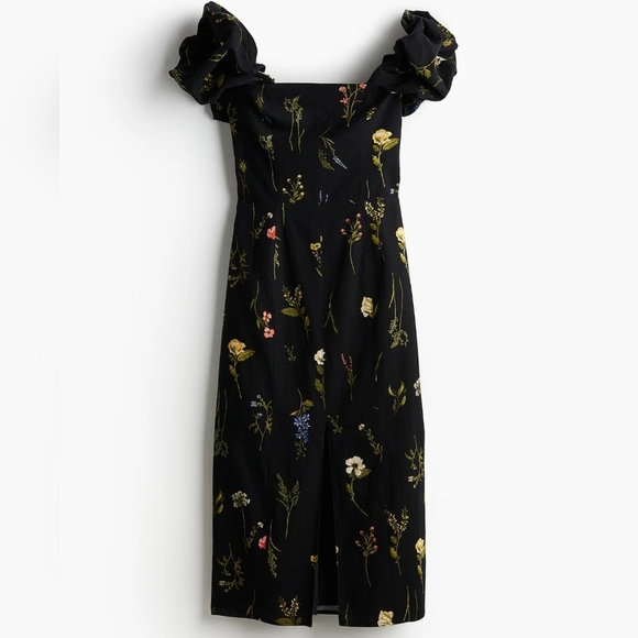 H&M Black Floral Linen Blend Off The Shoulder Midi Dress NWT - Picture 1 of 11